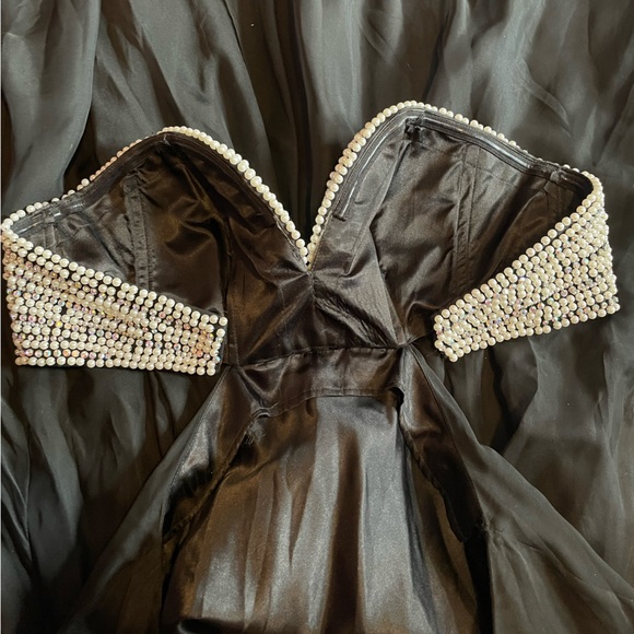 La Femme Silver Beads and Pearl Black Strapless Formal Dress, Prom,Dance,Wedding - Picture 5 of 12